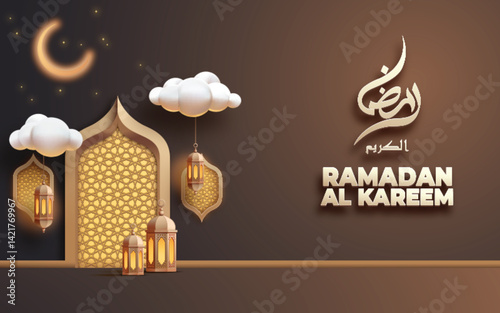 Ramadan Al Kareem poster 3D design vector featuring Islamic ornament and calligraphy an elegant and festive atmosphere.