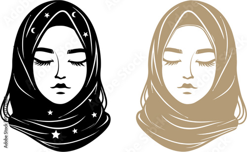 Elegant Muslim Woman in Hijab Vector Silhouette IllustrationVector illustration of a silhouette of a Muslim woman's face in hijab with a calm and graceful expression, in a modern minimalist style.