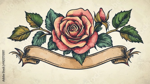 A classic old-school tattoo lettering with a banner and rose