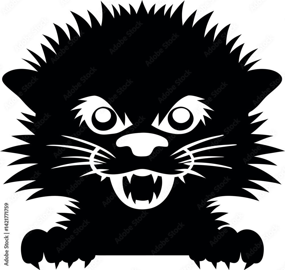 Obraz premium Black Angry Silhouette Panther Head with Sharp Teeth, Ferocious Feline Look Isolated