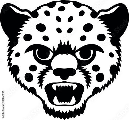 Angry Jaguar Head with Open Mouth and Visible Teeth, Black and White Design