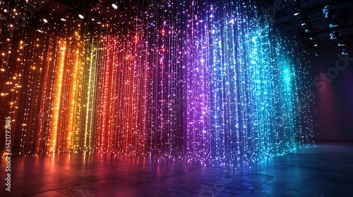 Translucent mesh curtains of RGB light strands fluttering in digital wind, 16K ultra detail, surreal ambient glow