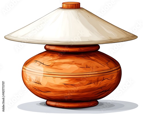A ceramic lamp with a shade on a white background