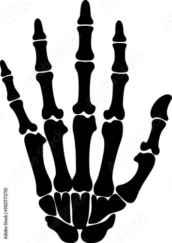 Black Skeleton Hand Bone Anatomy Silhouette on White Background, Halloween Icon Design