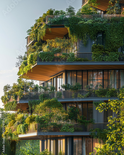 Eco-architecture office building with plants cascading from balconies