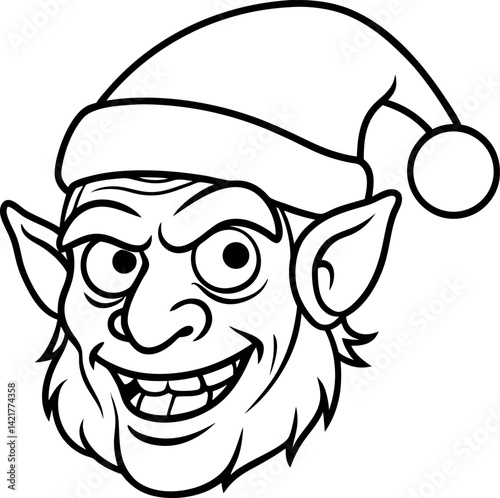 Cartoon Elf Head Outline with Santa Hat, Pointed Ears, Grinning, Black and White Style