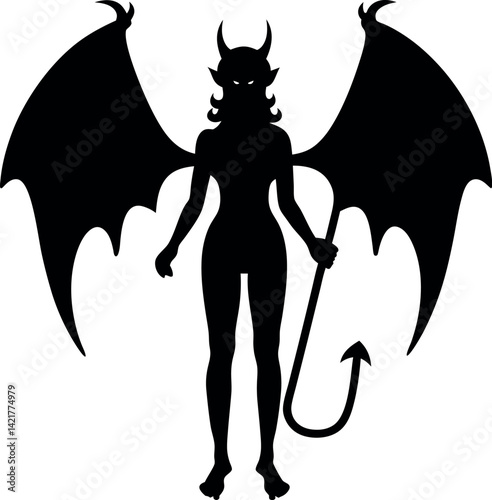 Devil Woman Silhouette With Wings, Horns, Tail and Trident on Isolated Background
