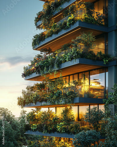 Eco-architecture office building with plants cascading from balconies