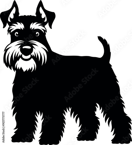 Isolated Black Miniature Schnauzer Silhouette, Standing Pose, Full Body, Furry Features