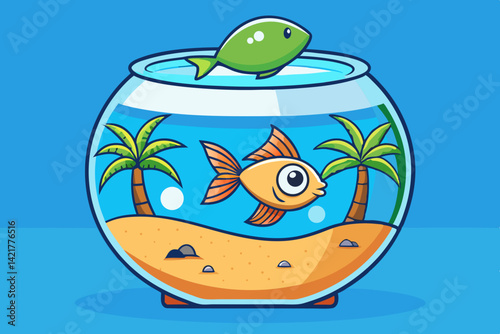 "Tropical Dolphin Fish Bowl Scene – Relaxing Beach Vibes with Palm Trees, Coconuts & Blue Sky"