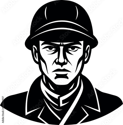 Portrait Determined Caucasian Man in Hard Hat, Stern Expression, Monochromatic