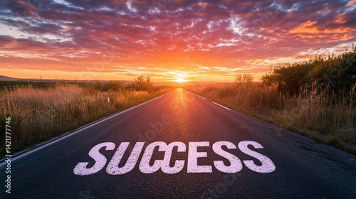 Chasing Success, A Road Leading to a Bright Future at Sunset