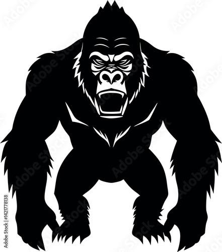 Silhouette of a Dominant Gorilla with Intense Gaze, Black Shape isolated on White