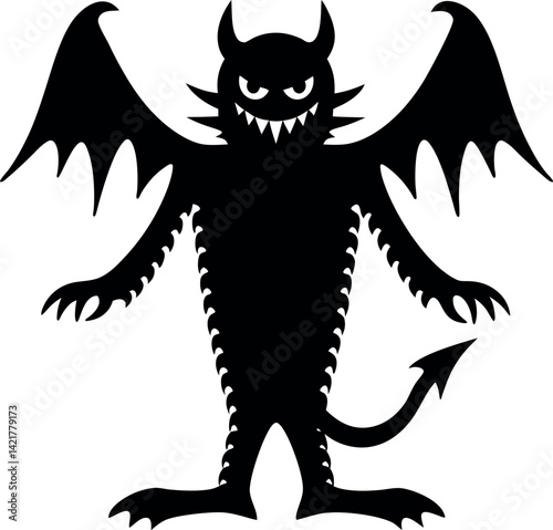 Silhouette of winged devil creature, horns, tail, and sharp teeth on white background