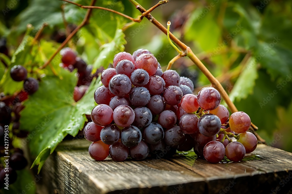 Obraz premium Fresh Grapes Displayed on a Weathered Wooden Surface Closeup