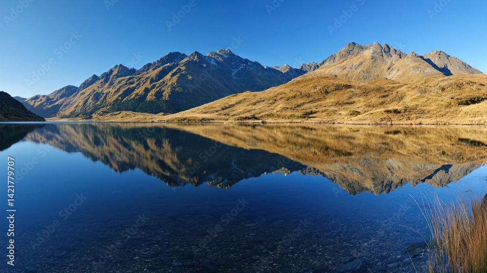 Obraz premium A cool mountain lake reflecting the clear blue sky on a crisp morning