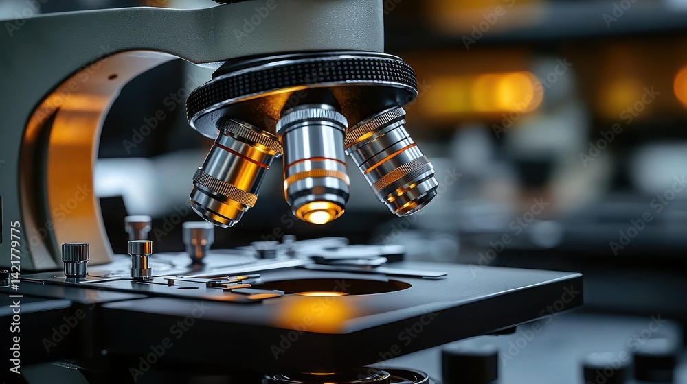 Microscope illuminated in lab, research, science, discovery Microscope illuminated in lab, research, science, discovery