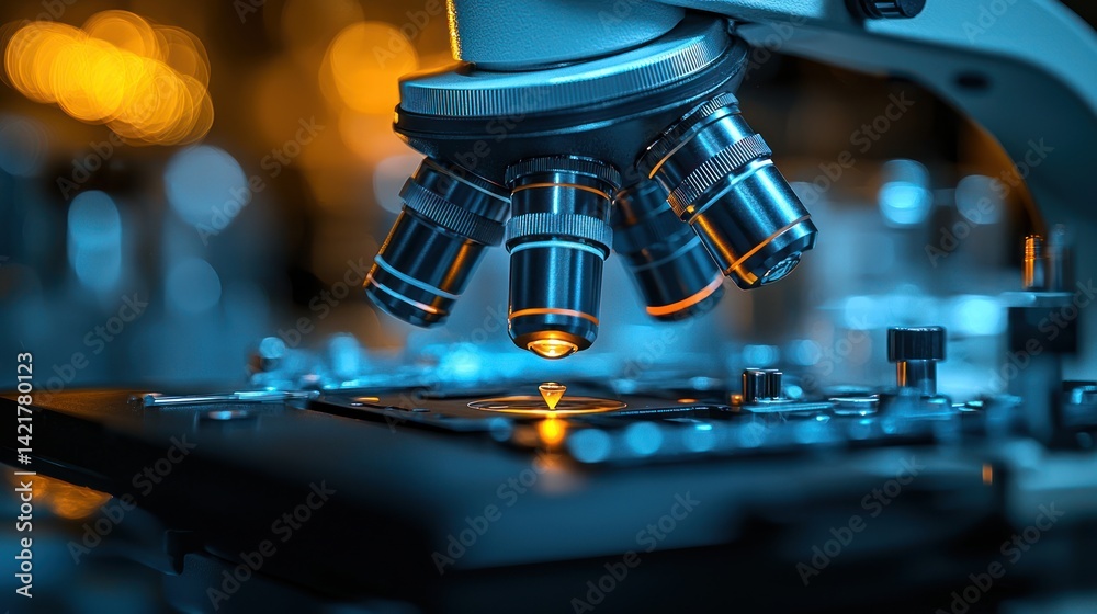 Microscope sample analysis in lab, illuminated background Microscope sample analysis in lab, illuminated background