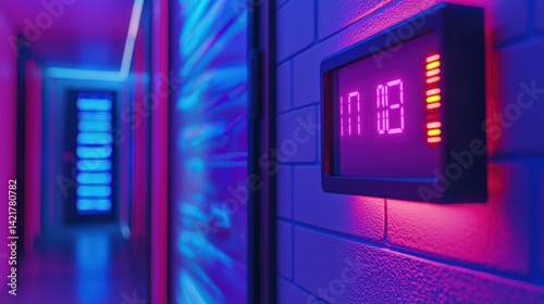 Digital clock in neon-lit hallway; futuristic setting; potential use sci-fi film