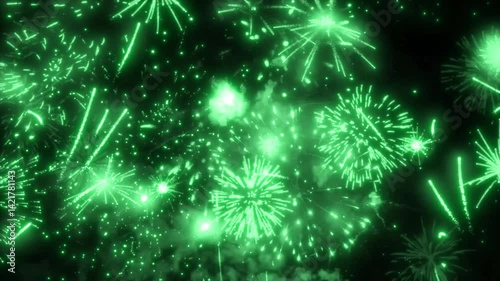Fireworks New Year Loop Green Grand Finale Celebration Background Isolated. Perfect for festive videos, holiday intros, VJ loops, party visuals, and celebration animations