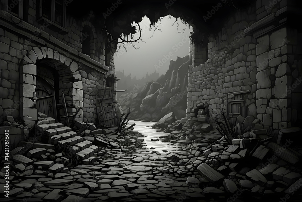 Fototapeta premium Grayscale Pixel Art Depiction of Desolate Stone Ruins