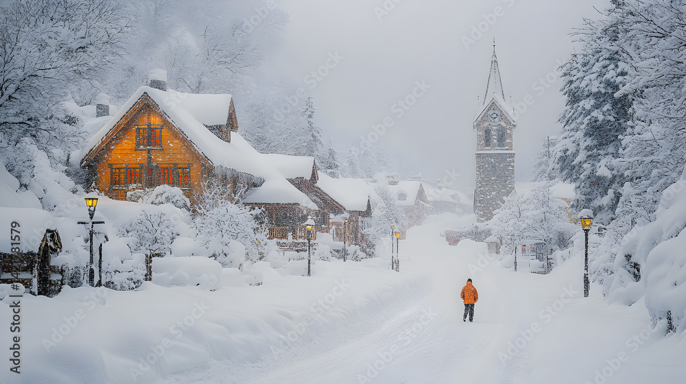 Naklejka premium Snowy Village Winter Landscape with Illuminated Cabin and Church