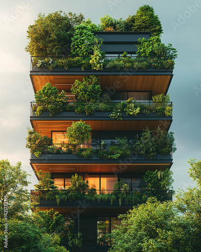 Eco-architecture office building with plants cascading from balconies