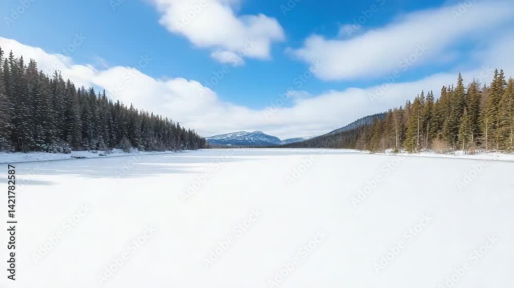 Serene winter landscape with frozen lake, majestic mountains, and evergreen trees in harmony