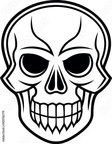 Stylized Skull Black Outline, Eye Sockets, Teeth, Minimalist Design