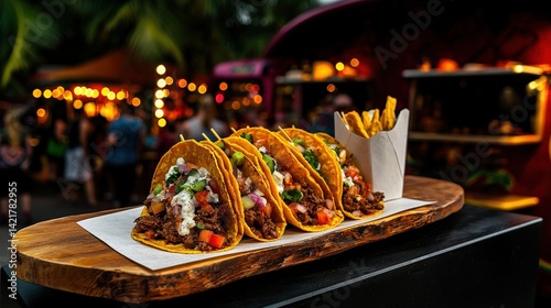 Taco festival culinary celebration in food market gourmet tacos nighttime atmosphere vibrant scene