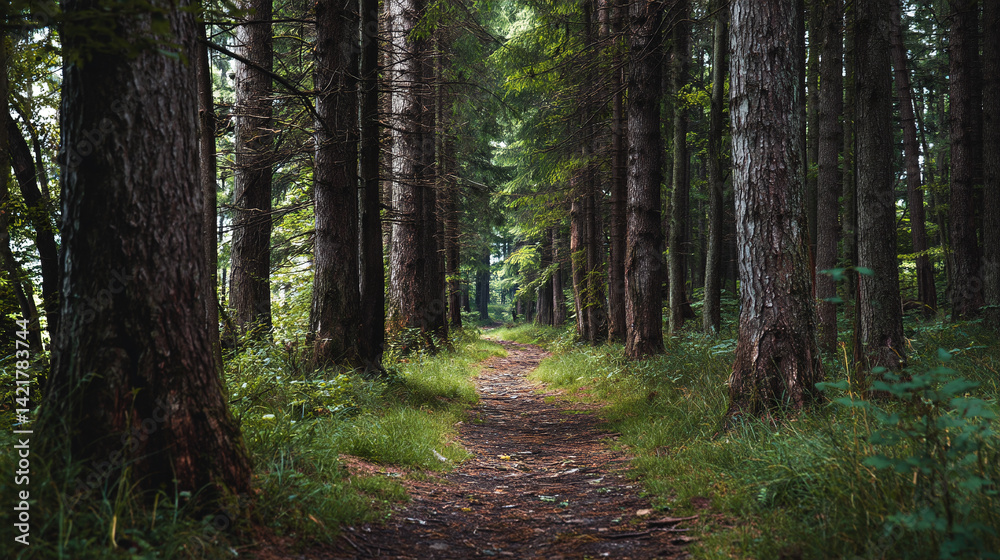 Fototapeta premium Forest path through tall trees, nature photography of woodland trail, scenic landscape of woods and greenery