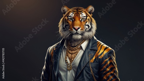 Animal Rapper Tiger with shiny glasses on eyes and Jacket and golden chains in neck, Abstracted Illustration Digital Art Hintergrund Background Cover photo