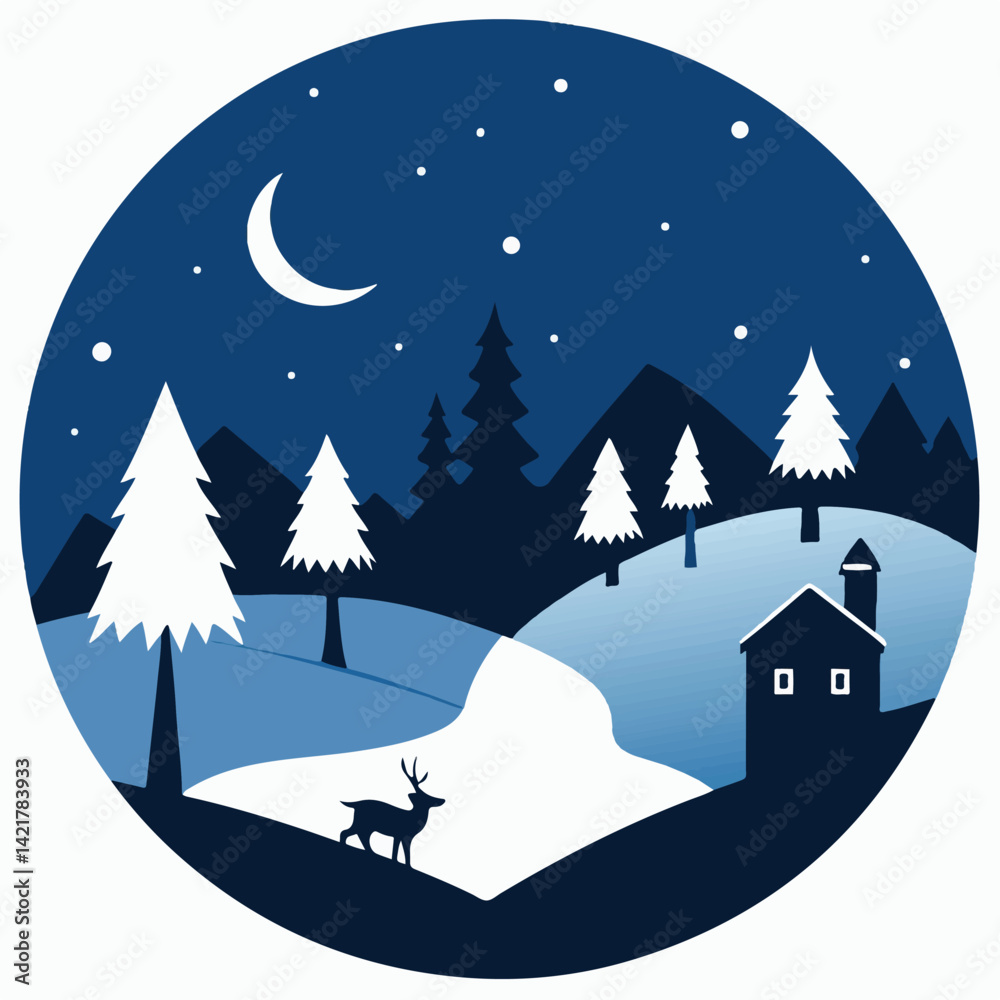 Fototapeta premium Peaceful Winter Night in a Snowy Village Landscape