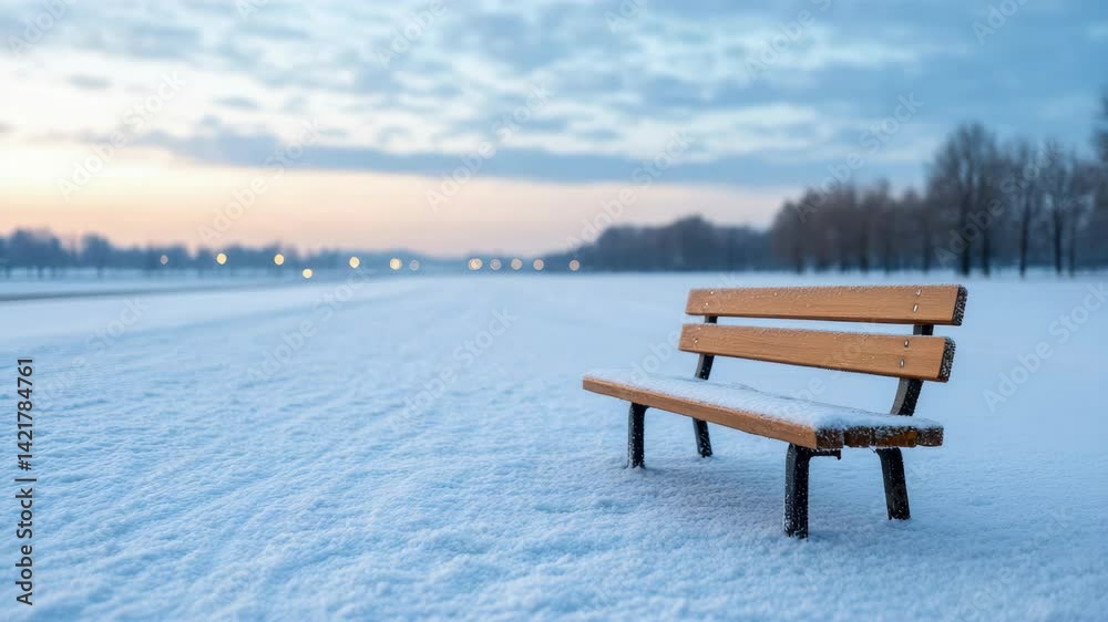 Solitary bench in snow at dawn, surrounded by winter landscape, evokes tranquil solitude.