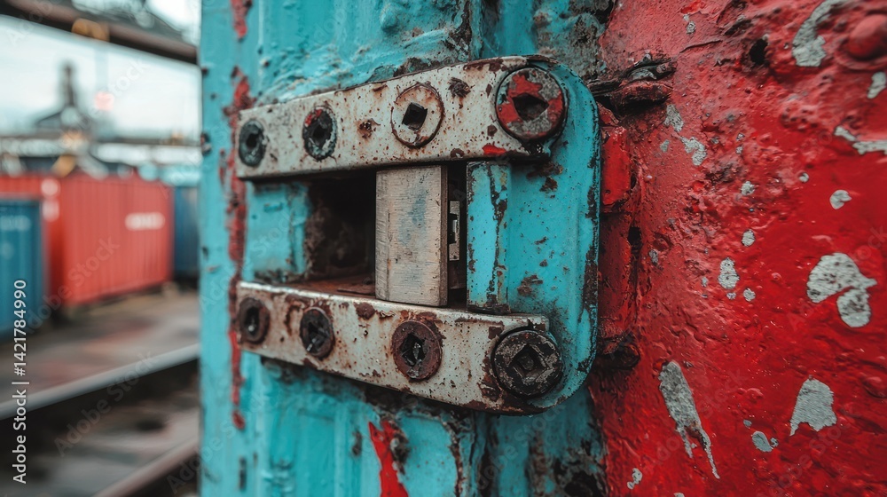 Rusted metal hinge on colorful dock container Rusted metal hinge on colorful dock container