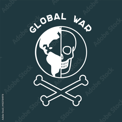 Dark war poster with skull, bones and the globe. Vector flat design