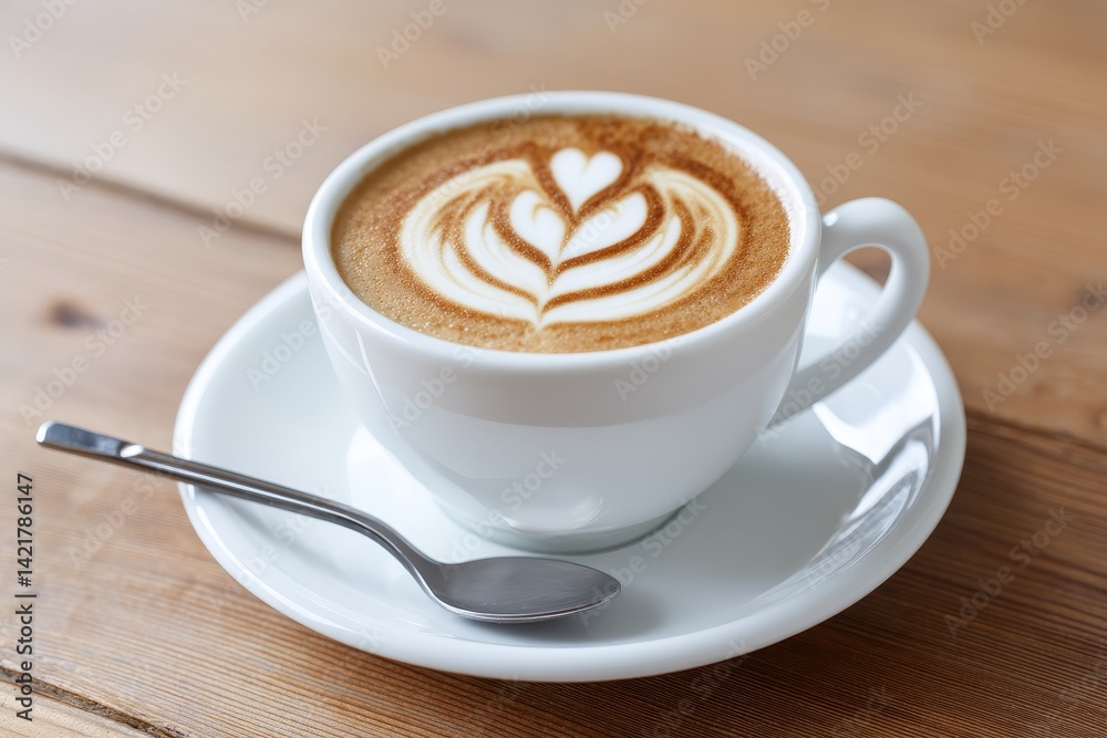 A Cup of Latte Art on Wooden Table - Aromatic latte, foam art, morning ritual, coffee break, cozy cafe. Symbolizing warmth, comfort, energy, relaxation, and artistry A Cup of Latte Art on Wooden Table - Aromatic latte, foam art, morning ritual, coffee break, cozy cafe. Symbolizing warmth, comfort, energy, relaxation, and artistry