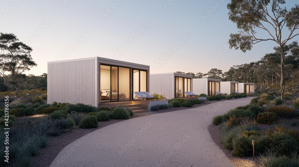 Modern Minimalist Cabins Nestled in Nature at Dusk Modern Minimalist Cabins Nestled in Nature at Dusk