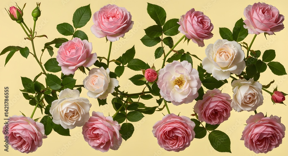Rose Bloom Study: Open & Closed on Warm Yellow, Diverse Pink White AI Floral Rose Bloom Study: Open & Closed on Warm Yellow, Diverse Pink White AI Floral