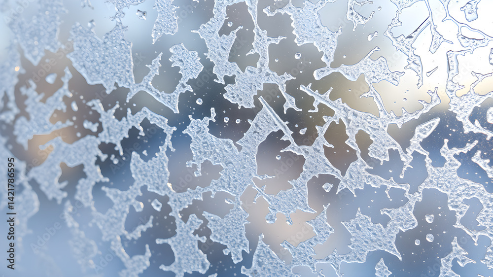 Fototapeta The image of frost on the glass. Subzero temperatures outside. Crystals of frozen water on glass. Beautiful pattern of frost on the window glass. ice, for text or image as background Generative AI