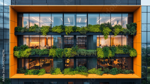 Modern workspace with greenery-covered terraces, clean glass walls, and open interiors designed for employee well-being