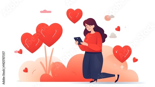 Professional female worker receives heart notification on smartphone - cartoon illustration