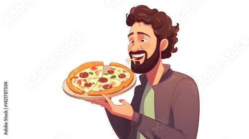 Young Adult Enjoying Pizza: Happy Cartoon Vector Illustration for Social Media Marketing