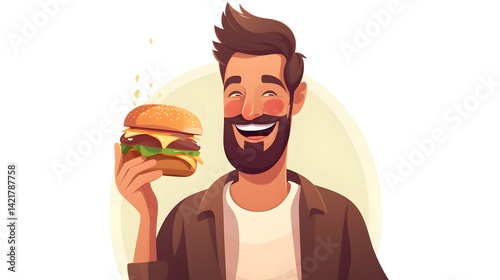 Portrait of a Handsome Young Man Enjoying Unhealthy Fast Food Cartoon Illustration