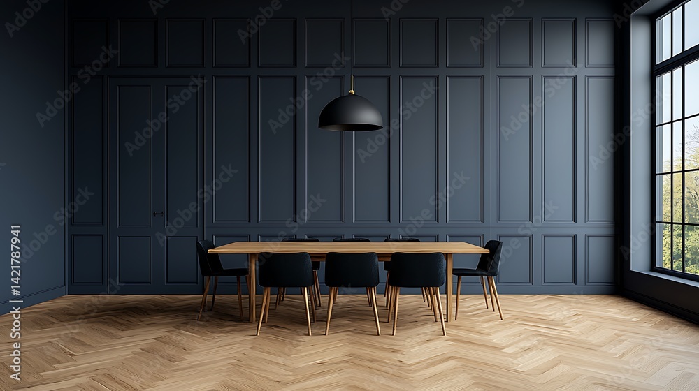 Elegant dining room interior with wooden table, black chairs, pendant lighting, and classic blue paneled walls.
