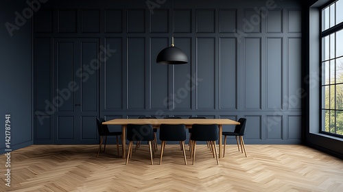 Obraz na płótnie Elegant dining room interior with wooden table, black chairs, pendant lighting, and classic blue paneled walls. w salonie