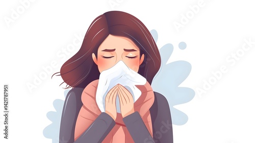 Professional illustration of a beautiful woman feeling unwell and coughing