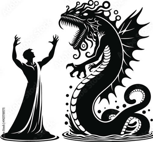 Ancient God of the Sea Bringing Leviathan from the Depths – Epic Fantasy Creature Concept