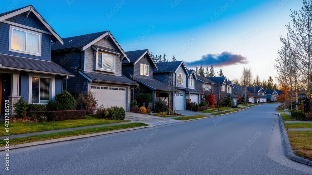 Serene Suburban Neighborhood at Dusk with Blue Skies and Trees Serene Suburban Neighborhood at Dusk with Blue Skies and Trees