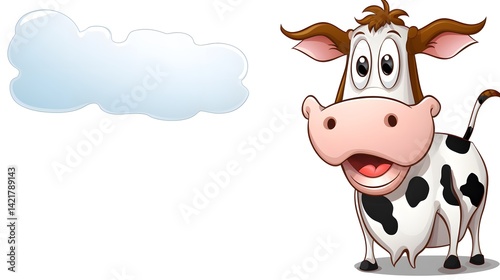 Funny cartoon cow with speech bubble on smooth gradient background for design projects